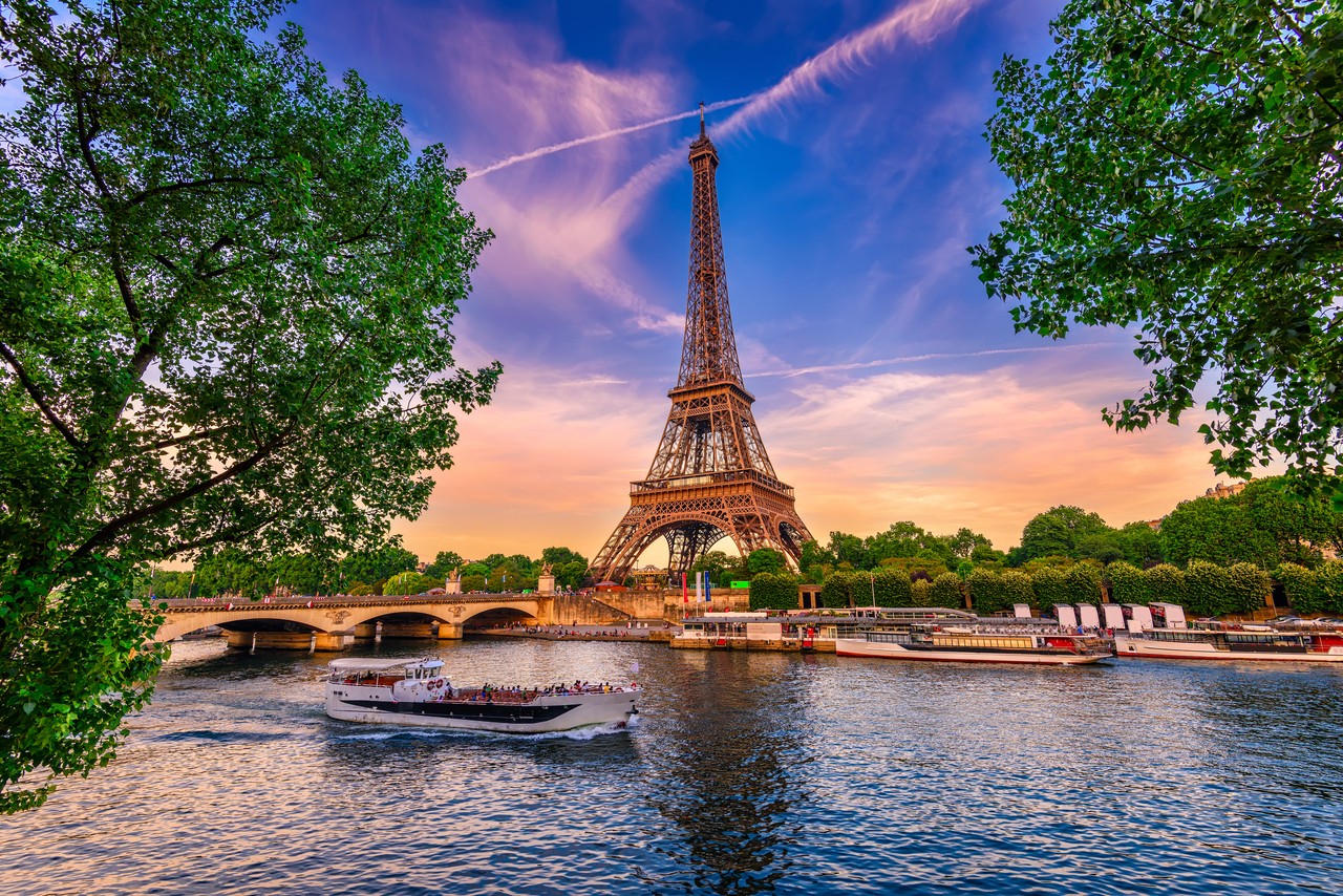 Eiffel Tower and Seine River at sunset, Paris