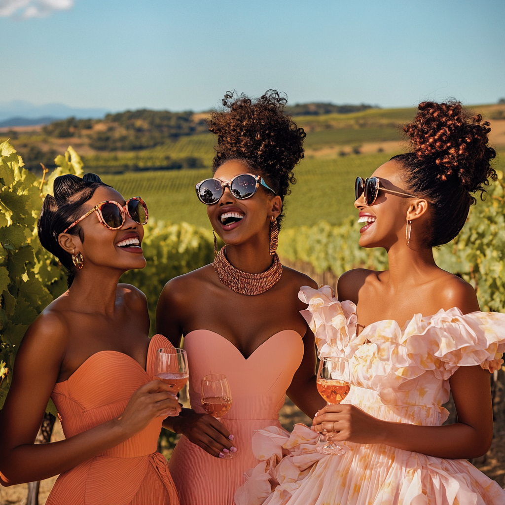 Three women in dresses toasting with wine glasses